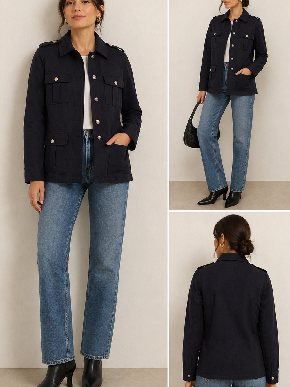 Zara Navy Utility Jacket with Gold Buttons